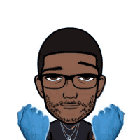 a cartoon of a man wearing glasses and blue gloves giving the middle finger
