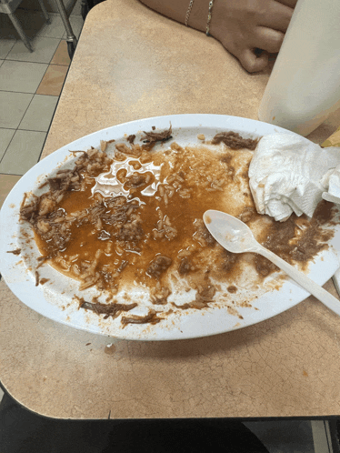 a dirty plate of food with a spoon and napkin