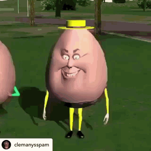 a cartoon egg with arms and legs is standing next to a yellow sign