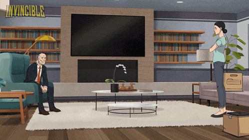 a man sits in a chair next to a woman in a living room with the word invincible on the wall above them