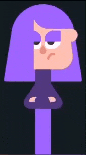 a cartoon character with purple hair is standing with her arms crossed and making a funny face .