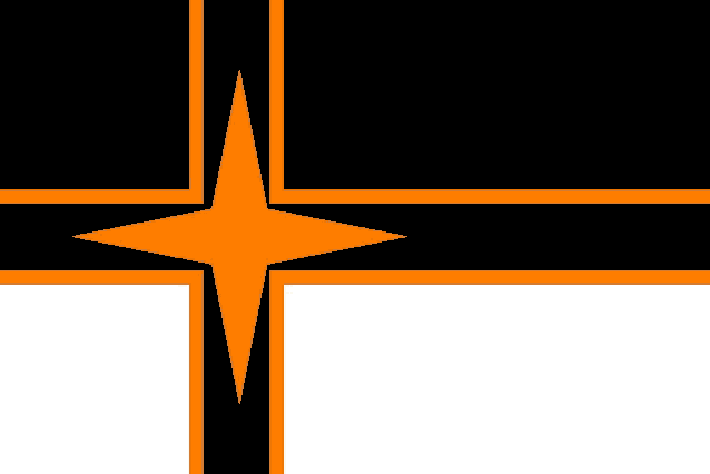 a black and orange flag with an orange star on it .