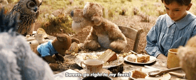 a boy sits at a table with stuffed animals and an owl and says " sweets go right to my feet "