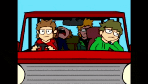 a group of cartoon characters are sitting in a red truck
