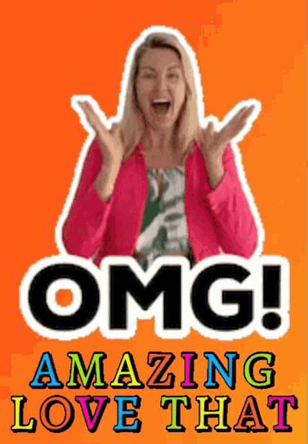 a woman in a pink jacket is standing in front of an orange background that says omg amazing love that