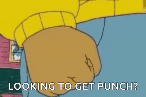 a cartoon character is holding his fist up and says looking to get punch