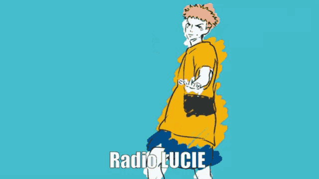 a man in a yellow shirt and blue shorts is dancing with the words radio lucie below him