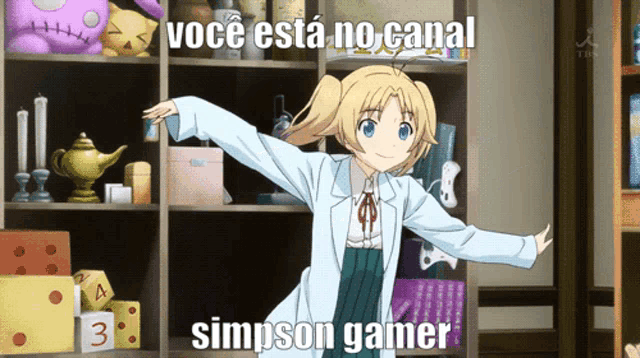 a girl in a lab coat is dancing in front of a shelf with the words voce esta no canal simpson gamer