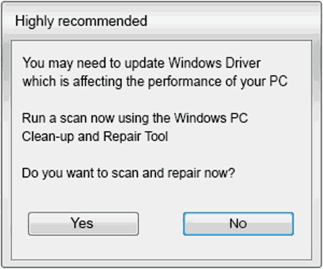 a highly recommended screen asking if you want to scan and repair now