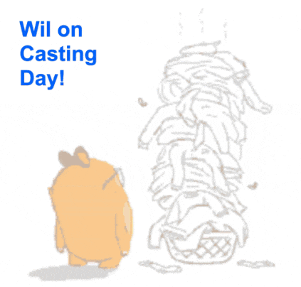 a cartoon drawing of a bear standing next to a pile of clothes and the words wil on casting day
