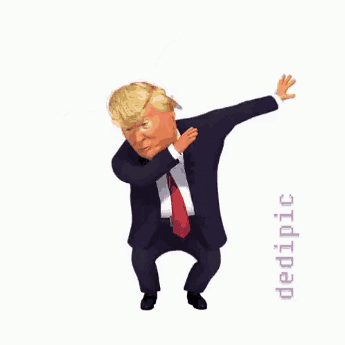 a cartoon of donald trump in a suit and tie dancing