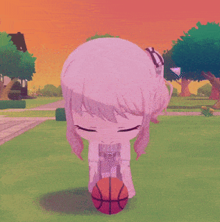a pink cartoon character is holding a basketball