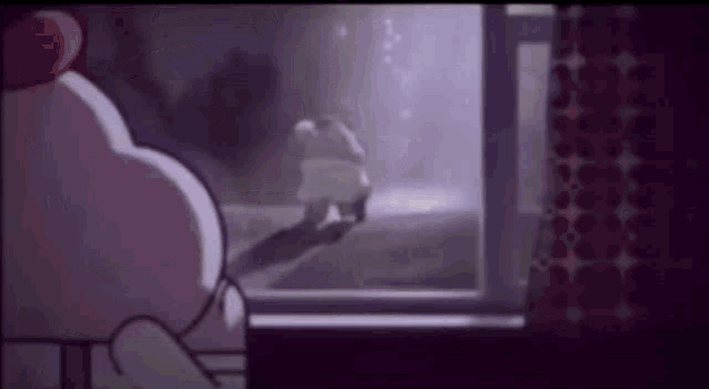 a cartoon character is looking out of a window at a person walking down a street .