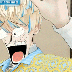 a cartoon character with a surprised look on his face is wearing a blue and yellow shirt