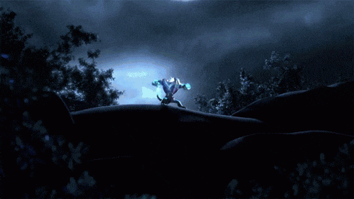 a blue lightning bolt strikes a person in a dark forest