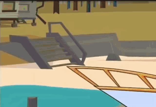 a cartoon drawing of a beach with stairs and a boat