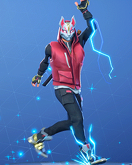 a man in a red vest and black pants is standing in front of a blue background with a lightning bolt behind him