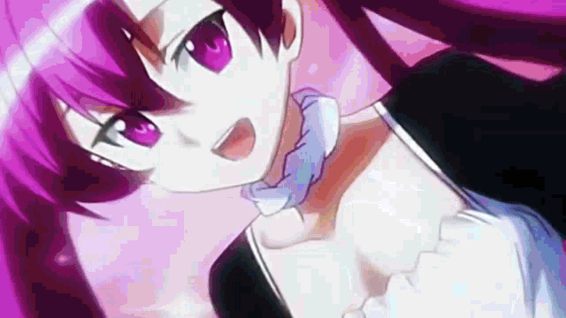 a close up of a purple haired anime girl with purple eyes and a white dress .