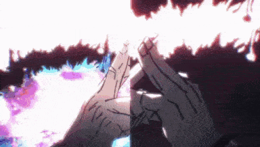 a close up of a person 's hands with a purple background and a fire coming out of them .