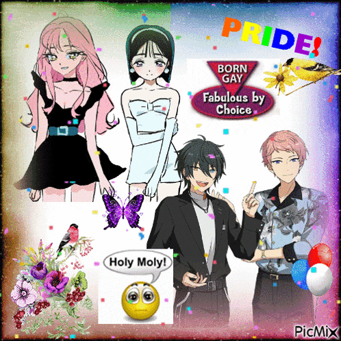 a collage of anime characters with the words born gay fabulous by choice above them