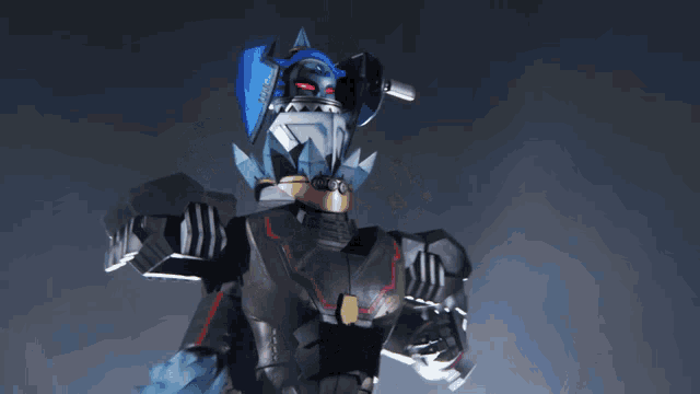 a robot is holding a blue sword and a black sword