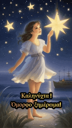 a painting of a girl holding a star with the words " καληνυχτα " written above her