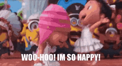 a group of cartoon characters are dancing with the words woo-hoo im so happy .