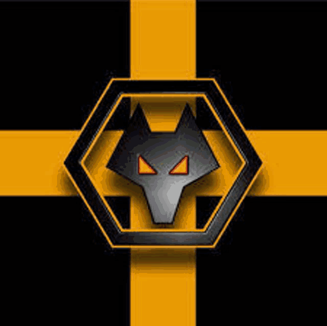 a black and yellow logo with a wolf head inside of a hexagon .