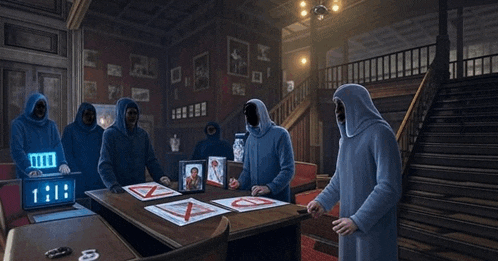 a group of men in blue robes are standing around a table with a clock that says 1:10