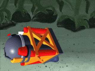 a cartoon drawing of a rocket with a yellow and red frame on the ground