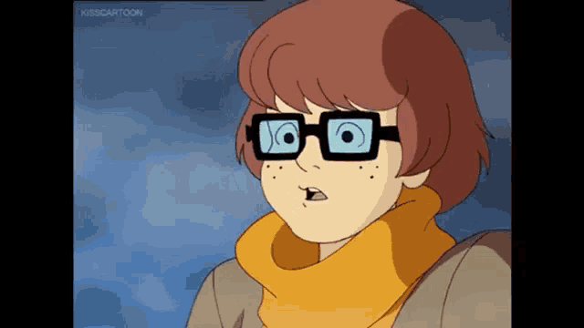 scooby doo is wearing glasses and a scarf and making a surprised face .