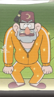 a cartoon character with a beard and glasses is standing in front of a green screen .