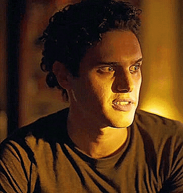 a man with curly hair is wearing a brown shirt and looking at the camera in a dark room .