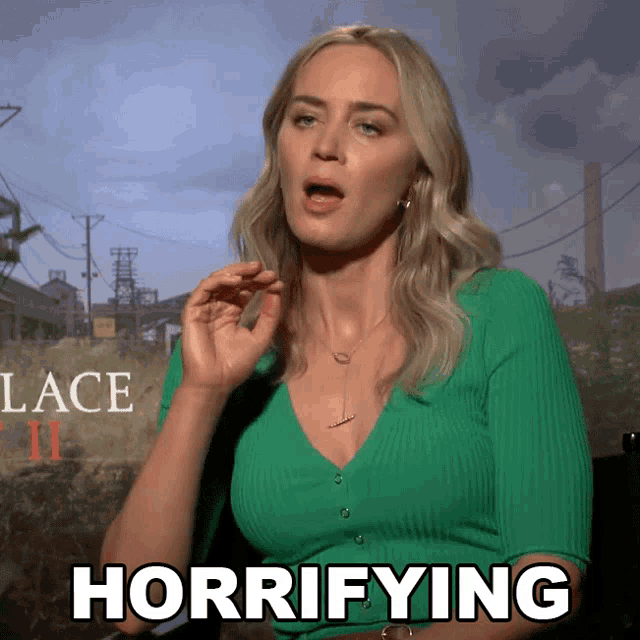 a woman in a green shirt says " horifying " in front of a sign that says " lace "