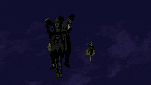 a cartoon of a man in a yellow cape standing next to a giant robot