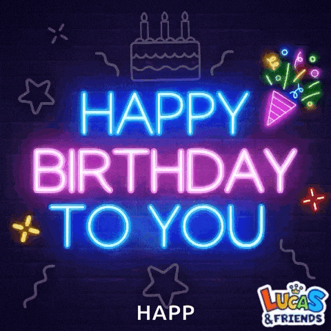 a neon sign that says happy birthday to you with a cake and confetti .