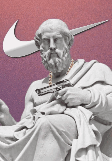 a statue of a man holding a gun has a nike logo behind him