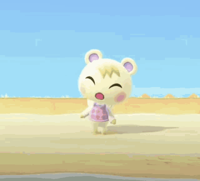 a cartoon character is standing on a sandy beach with a smile on her face .