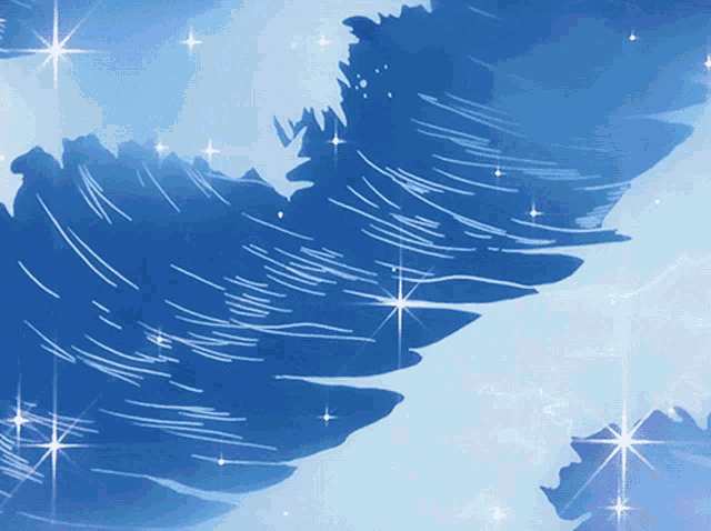 a blue background with feathers and stars in the background