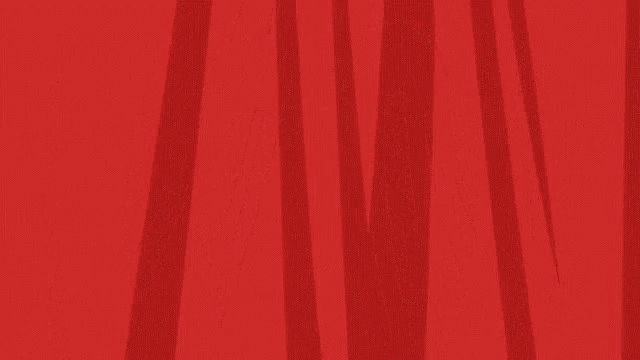 a cartoon of a girl and a boy looking out from behind a red curtain