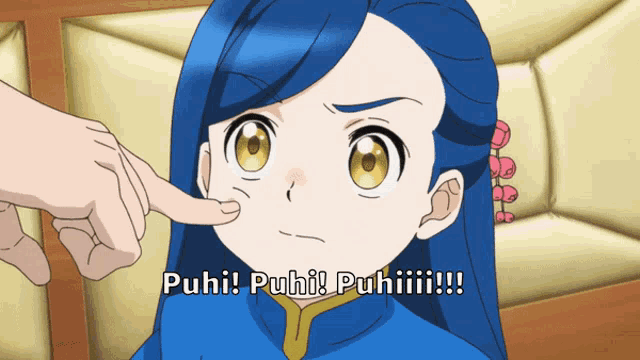 a girl with blue hair is being touched by someone 's finger and the caption says puhi