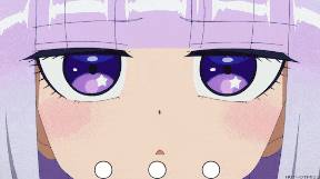 a close up of a girl 's face with purple eyes and white hair