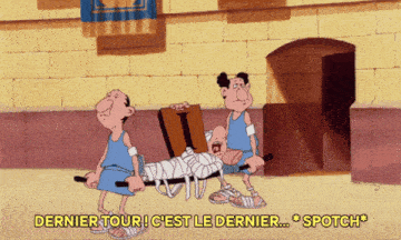 a cartoon of two men carrying a man on a stretcher with the words dernier tour