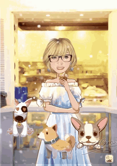 a cartoon drawing of a woman holding a cupcake and two dogs with the word moment on the bottom