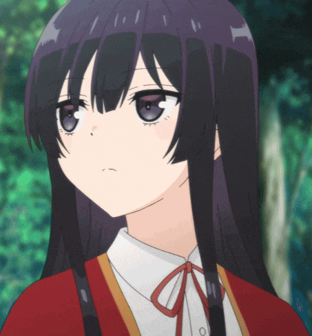 a girl with long black hair is wearing a red cardigan and a white shirt