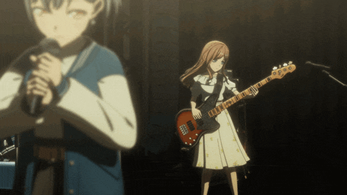 a girl is singing into a microphone while another girl plays a guitar