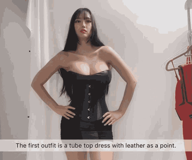 the first outfit is a tube top dress with leather as point