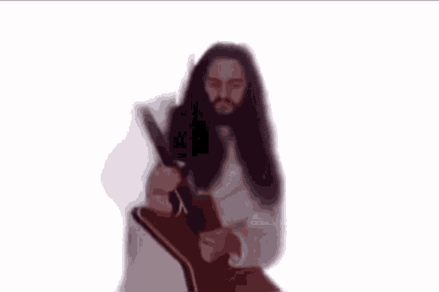 a man in a robe is holding a guitar and a sword