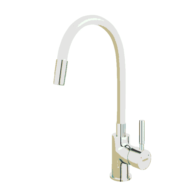 a kitchen sink faucet with a gray hose and the brand name frabos