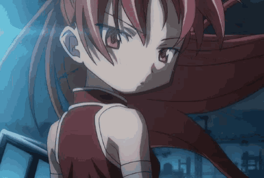a close up of a red haired anime girl
